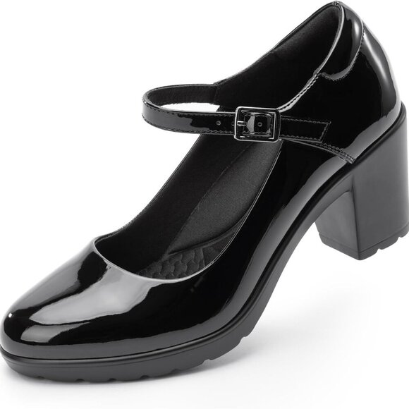 Women’s Mary Jane Heels Faux Leather Chunky Block Heel Size 5.5 Comfortable - Picture 2 of 6